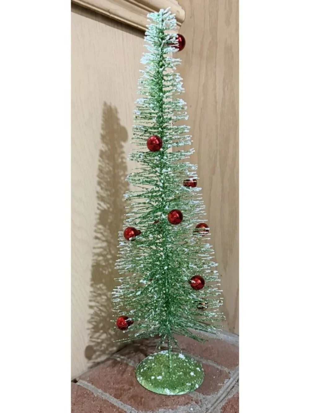 19” Glittered Bristle Brush Tabletop Christmas Tree With Mini Red Ball Ornaments